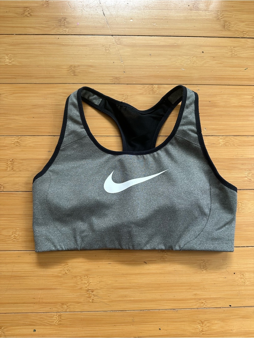 Nike Gray and Black Racerback Sports Bra with White Swoosh